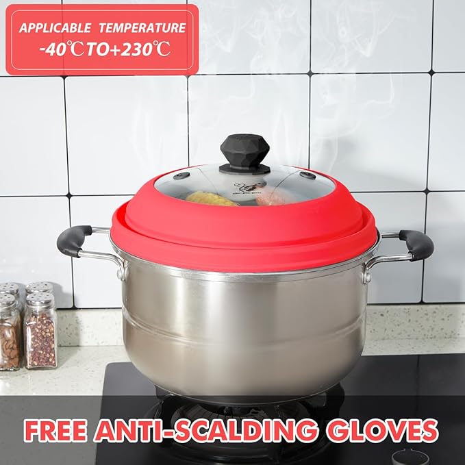 Microwave Splatter Cover Vented Glass Splatter Guard Lid with Collapsible Silicone for Food as Pot Cover Plate 10.8 inch for 6 7 8 9 10 inch Plate Bowl Red