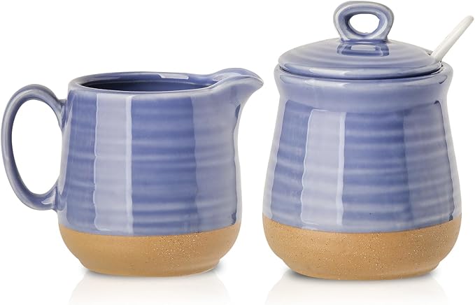 Hasense Sugar and Creamer Set with Lid Spoon, Porcelain Cream Container and Sugar Bowls Set for Countertop, Vintage Coffee Serving Set, Sugar Holder and Creamer Pitcher Set for Home Decor, Sky Blue