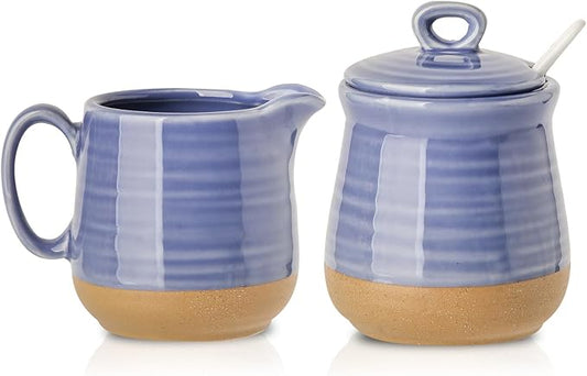 Hasense Sugar and Creamer Set with Lid Spoon, Porcelain Cream Container and Sugar Bowls Set for Countertop, Vintage Coffee Serving Set, Sugar Holder and Creamer Pitcher Set for Home Decor, Sky Blue