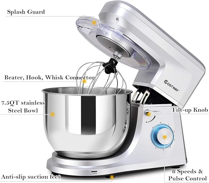 COSTWAY Stand Mixer, 7.5-Quart 660W 6-Speed Electric Mixer with Stainless Steel Bowl, Tilt-head Food Mixer with Dough Hook, Beater, Whisk (Sliver)