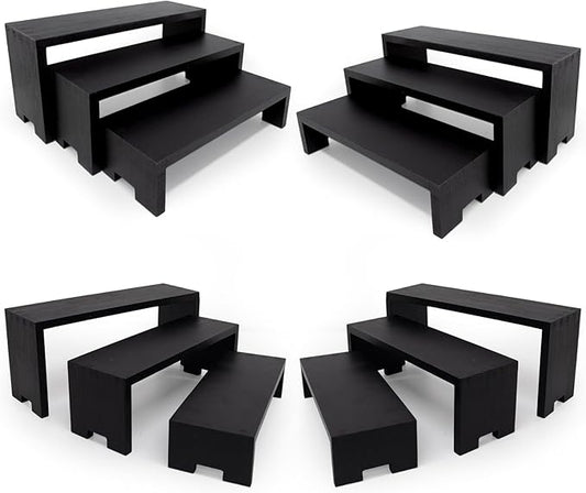 Display Wood Risers Wooden Stand 3 Tier 4 Set 12 Pieces Wood Racks Decorative Rectangular, Cupcake Stands Cologne Perfume Organizer Showcase Items(New Black)