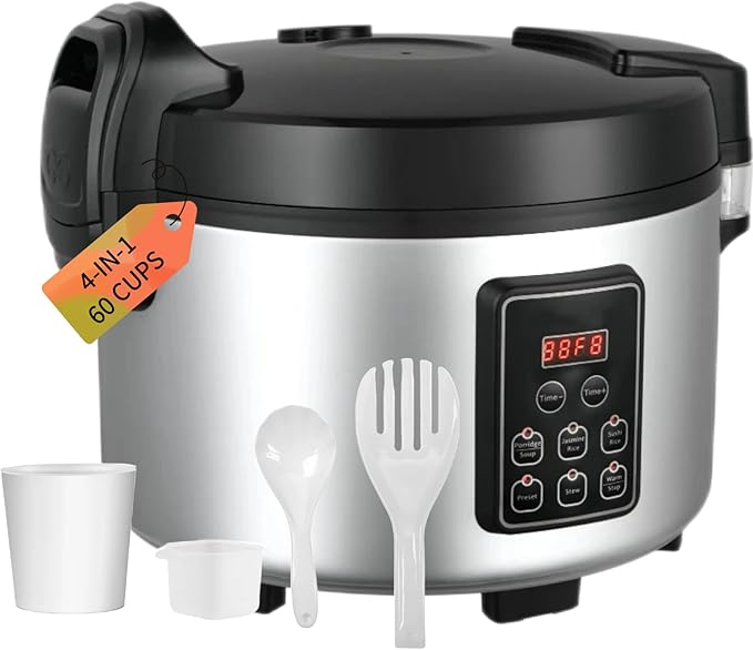 Commercial Rice Cooker 60 CUPS (Cooked Rice)& Food Warmer | 13L/13.8Qt Extra Large Multifunctional Rice Cooker | 1350W Fast Cooking with Time Display & Preset|Restaurant Company Canteen Use
