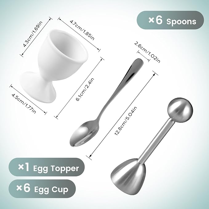 Cinf White Ceramic Egg Cups & Cracker Set | Set of 6 Ceramic Egg Cups + 6 SS Spoons + 1 Egg Topper Breakfast Boiled Cooking Easy to Clean Childhood Memories Kitchen