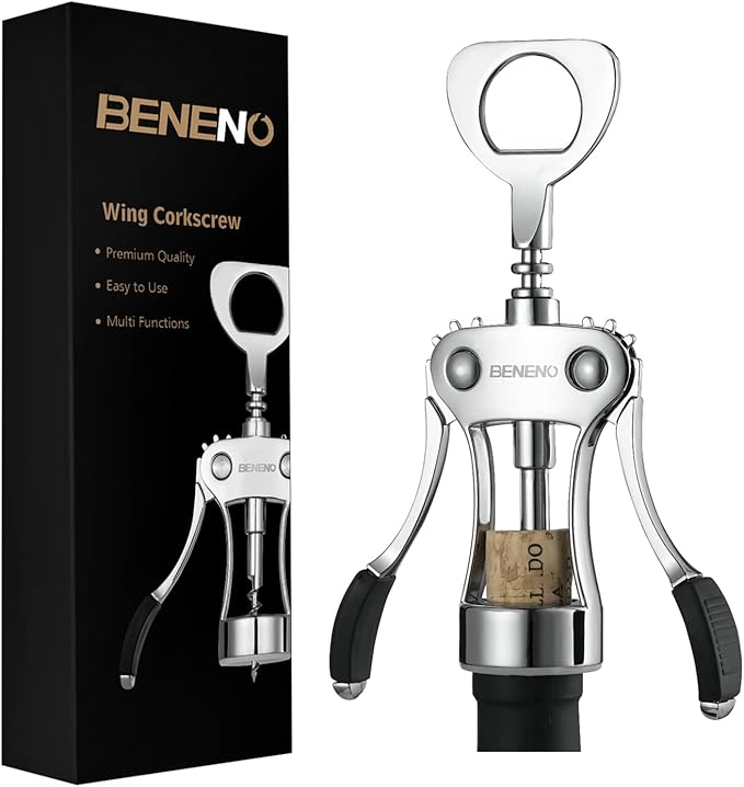 Beneno Wine Opener, Zinc Alloy Premium Wing Corkscrew with Multifunctional Bottles Opener, Sharp Wine Corkscrew with Ergonomic Non-Slip Wing Handle, Upgrade