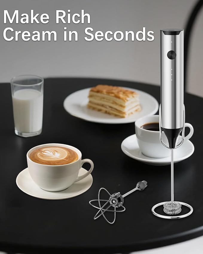 Rechargeable Milk Frother with Stand, Electric Frother Wand Handheld Coffee Foam Maker Detachable Stainless Steel Whisk Drink Mixer Foamer for Latte, Cappuccino, Hot Chocolate, Egg (Silver)
