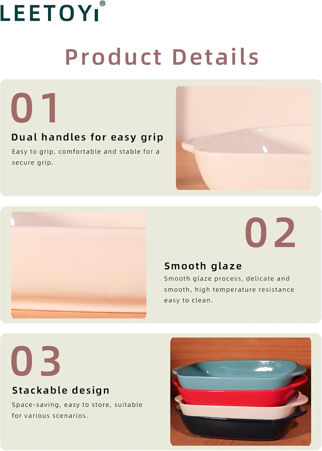 LEETOYI Ceramic Small Baking Dish 7.5-Inch Set of 4, Rectangular Bakeware with Double Handle, Baking Pans for Cooking and Cake Dinner (Turquoise)