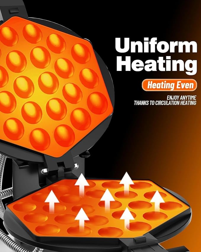 PYY Bubble Waffle Maker - Easy Clean，Double 180° Rotate, Non-stick, 1500W, 110V, 50-250℃, Commercial & Home Use, Stainless Steel