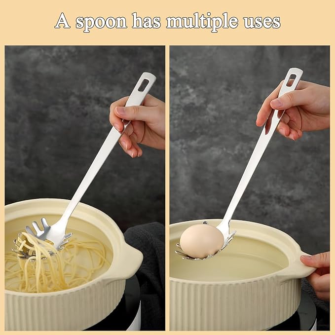 Spaghetti Spoon, ReaNea Pasta Server, Stainless Steel Pasta Spoon with Teeth, One-Piece Metal Pasta Fork, Noddle Fork Kitchen Utensils, Heat Resistant, Dishwasher Safe, Easy to Clean