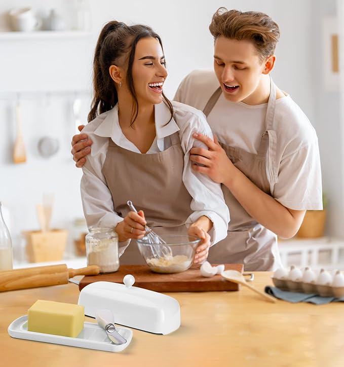 Nucookery Porcelain Butter Dish - Clean Table Design - Ceramic Butter Dishes with Lid for Countertop with Raised Non-Slip Strip - Holds 1 Standard Butter Stick - Easy to Clean & Dishwasher Safe. White