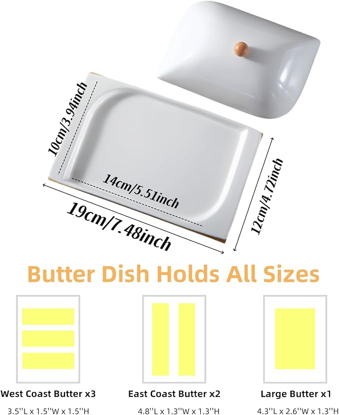 HAN SHENG Ceramic Butter Dish with Bamboo Tray & Lid - Butter Keeper Holder for Countertop, Fits East/West Coast & Large Sticks, Kitchen & Table Decor Gift