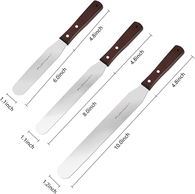 Straight Cake Icing Spatula set of 3 Professional Stainless Steel Cake Decorating Frosting Spatulas, 6"-8"-10" Flexible Resistant Blade, Wooden Handle for Easy Grip