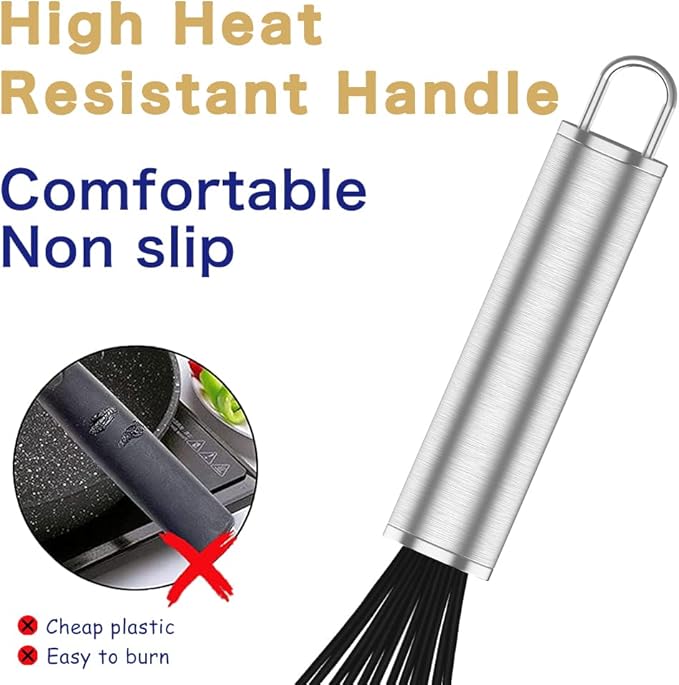 Silicone Whisk,3 pack Professional whisks for cooking non scratch,Stainless Steel & Silicone wisk,plastic rubber whisk for nonstick cookware,small silicone whisk set,black