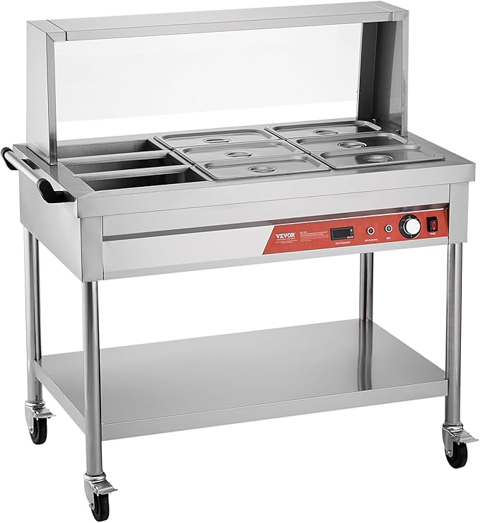 VEVOR 9-Pan Commercial Food Warmer, 9 x 1/3 Pans Electric Steam Table, 1500W Professional Buffet Catering Food Warmer with Shield Undershelf Wheels, Stainless Steel Server for Party Restaurant