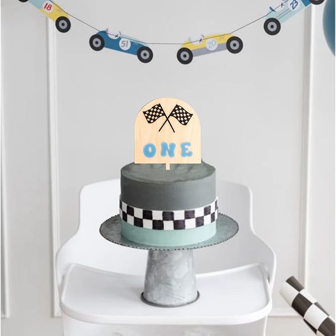 Race Car One Cake Topper - Racing Theme Wooden Cake Topper, Fast One Birthday Decoration for First Birthday Party, Anniversary, Smash Cake, Baby Photo Booth Props...