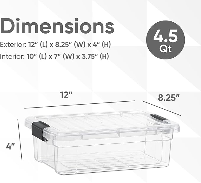 Superio Clear Storage Boxes with Lids, 4.5 Quart Plastic Container Bins for Organizing, Stackable Crates, BPA Free, Non Toxic, Odor Free, Organizers for Home, Office, School, and Dorm