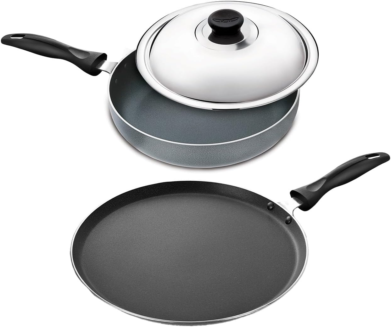 Nonstick Cookware Set – Aluminium Crepe Pan (11-Inch) and Frying Pan with Stainless Steel Lid (10.2-Inch) | Gas and Induction Compatible | Nonstick for Everyday Cooking