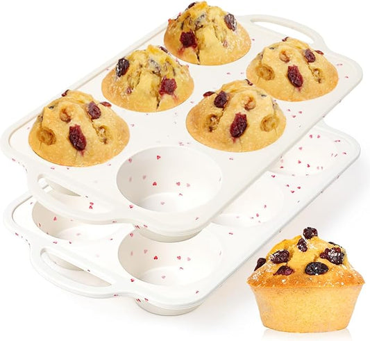 CAKETIME Large Muffin Pan, Metal Reinforced Frame 3.5 Inch Jumbo Silicone Muffin Pan Nonstick 6 Cups for Baking Jumbo Muffin, Frittatas, Cupcakes 2 Pack Love Heart