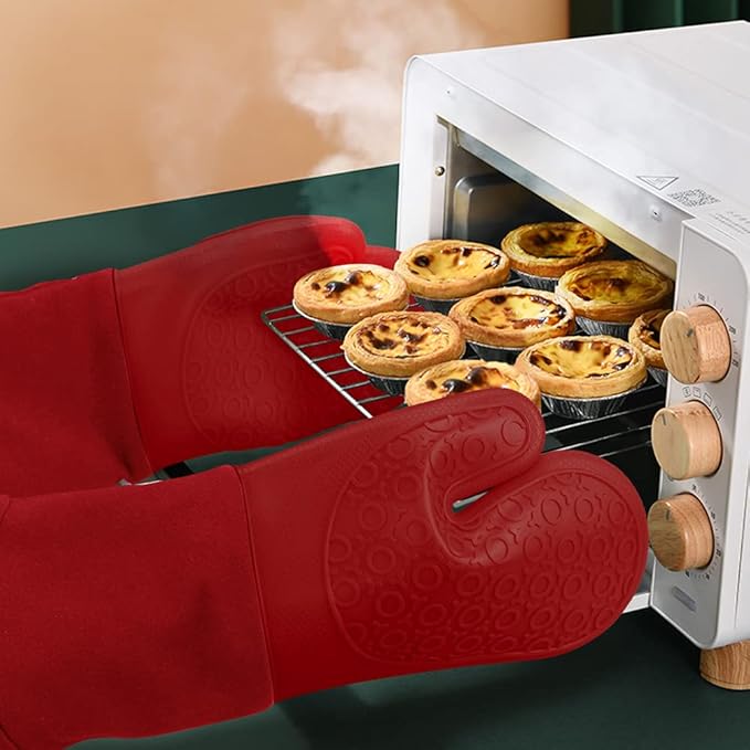 sungwoo Extra Long Silicone Oven Mitts, Heat Resistant Oven Gloves with Quilted Liner Non-Slip Textured Grip Perfect for BBQ, Baking, Cooking and Grilling - 1 Pair 14.6 Inch Empire Red