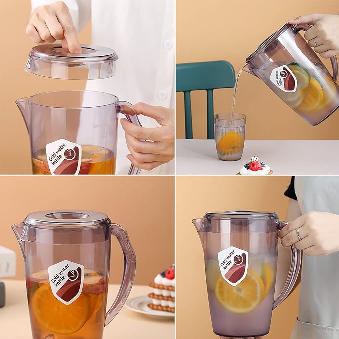 HOMQUEN Plastic Pitcher, 60 Oz/1.8L Water Carafe with Lid, Iced Tea Pitcher, Jar Pitcher, Jug with Handle for Tea, Juices, Milk, Cold or Hot Beverages (1 Pack/Gray)