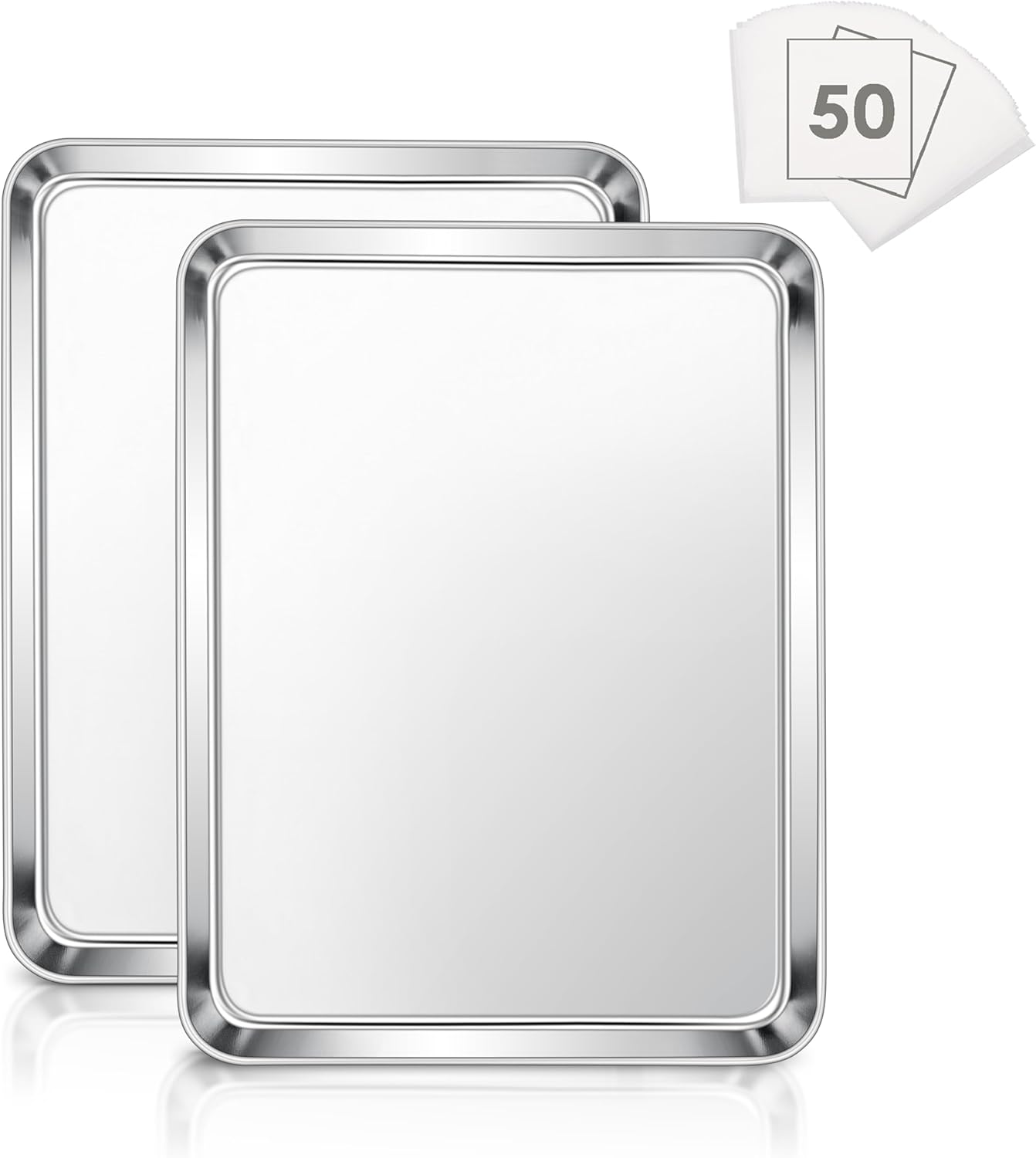 E-far Baking Cookie Sheet Set of 2, 12.4”x9.7” Stainless Steel Baking Sheet Pan for Oven with 50 Parchment Paper, Rectangle Baking Tray for Cooking Roasting, Rust Free & Heavy Duty, Dishwasher Safe