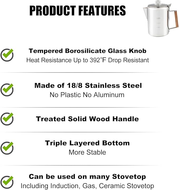 Percolator Coffee Pot Using on Induction Cooker & Campfire Stove, Stainless Steel Camping Coffee Pot Coffee Maker with Tempered Borosilicate Glass Knob Top NO Aluminum NO Plastic 9 Cup