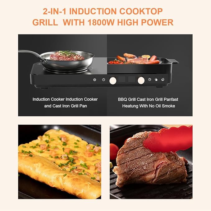 Portable Double Induction Cooktop with Removable Non-Stick Cast Iron Griddle Pan, 2 Burner Electric Stove with Timer & Digital Temperature Control, Black