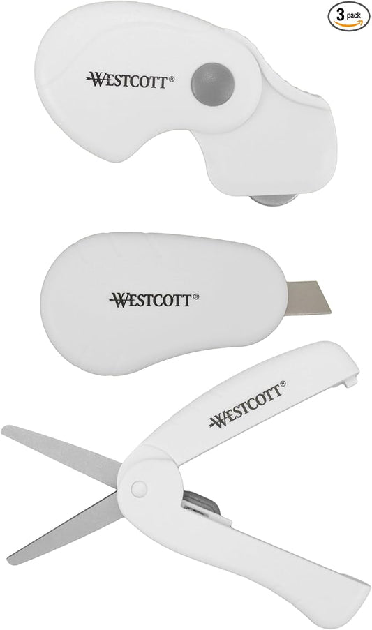 Westcott Titanium-Bonded Mini 3-Piece Travel Set - Folding Scissors for Fabric and Paper, Slicer & Rotary Cutter for Fabric