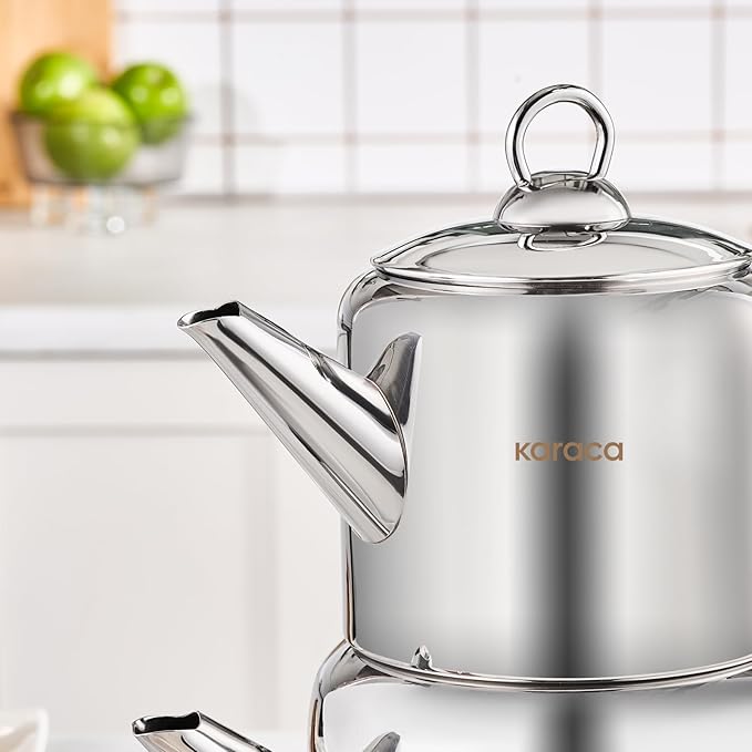 Karaca New Mira Turkish Tea Set for Stovetop, Induction Base Stainless Steel Tea Maker (1L Teapot & 2L Tea Kettle), Dishwasher Safe, Non-Burning Gold Handles Samovar Style