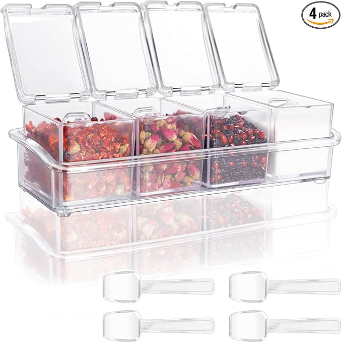 Clear Seasoning Box 4 PCS/Set, Acrylic Seasoning Rack Seasoning Storage Container Condiment Jar Spice Box Spice Jar Spice Pot Spice Rack with Spoon & Lid & Tray for Salt Pepper Sugar (#A)