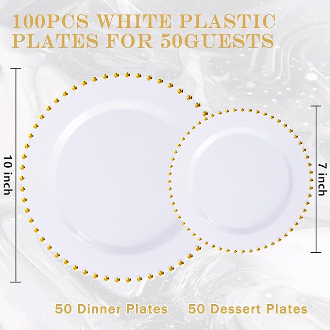 supernal 100pcs White Plastic Plates with Gold Trim Fancy Disposable Plates Includes 50 Plastic Dinner Plate and 50 Dessert Disposable Plate for Party,Wedding,Bridal Shower