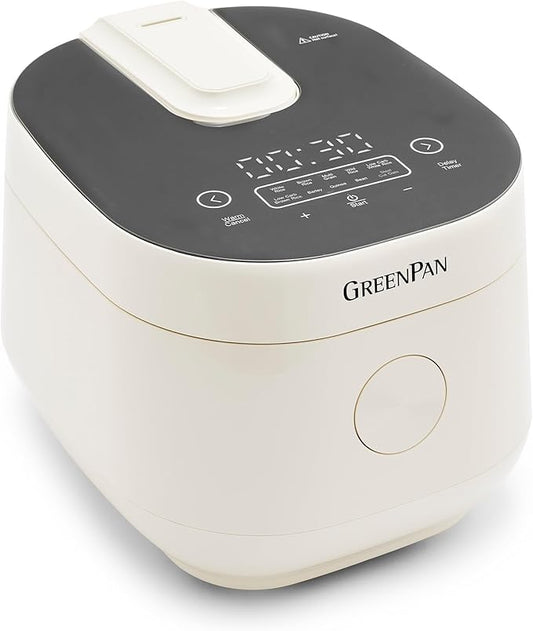GreenPan Carb Reducing Electric Rice Cooker, 4 Cups Uncooked/8 Cooked Rice, 10 Presets, LED Display, Healthier Meals, Delay Timer, PFAS-Free Ceramic Nonstick Removable Bowl, Cool Touch, Steam, Cream