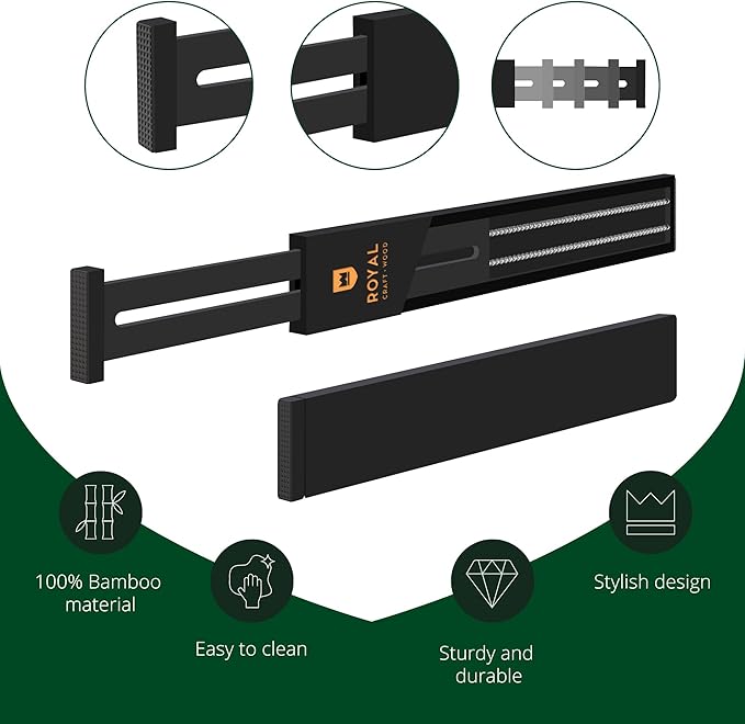 ROYAL CRAFT WOOD Adjustable Bamboo Drawer Dividers – Expandable Organizer for Kitchen, Bedroom, Bathroom, Dresser & Office – 4-Pack 17-22", Black