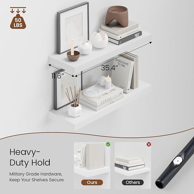 Heimlove 36 Inch Long Floating Shelf for Wall, 12" Deep White Floating Shelves Wall Shelves for Bedroom Living Room Bedroom, Wall Mounted Shelves for Storage Book Decor, Set of 2