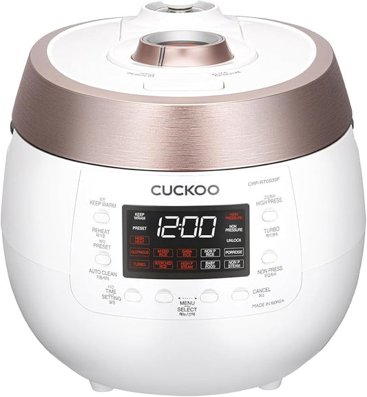 CUCKOO CRP-RT0609FW 6-Cup (Uncooked) / 12-Cup (Cooked) Twin Pressure Rice Cooker & Warmer with Nonstick Inner Pot, 14 Menu Options, Safe Steam Release, 3 Voice Guide, Auto Clean (White)