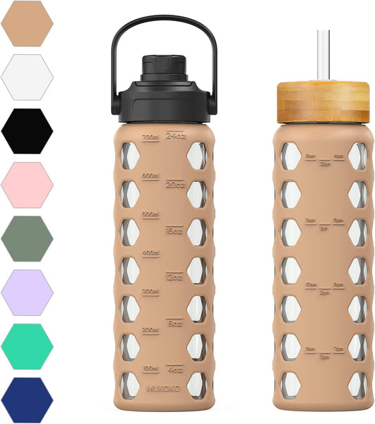 MUKOKO 24oz Glass Water Bottle with 2 Lids-Handle Flip Lid&Bamboo Straw Lid,Motivational Water Tumbler with Time Marker Reminder and Silicone Sleeve, Leakproof-Amber