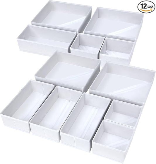 DIMJ Drawer Organizer Clothes, 12 Pack Fabric Closet Organizers and Storage, Foldable Baby Clothes Organizer & Dresser Bin For Nursery, Bedroom, Closet, Socks, Bra, Tie,White