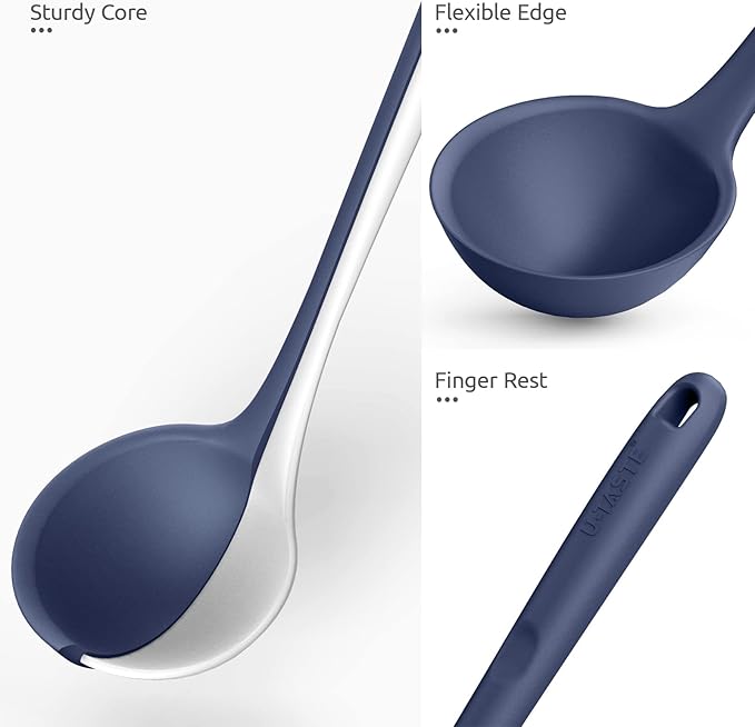 13 inch Silicone Soup Ladle: U-Taste 600ºF Heat Resistant 4 oz Large Non-stick Seamless Rubber Kitchen Deep Serving Spoon with Non Slip Long Handle for Cooking Sauce Stews Gravy (Midnight Blue)