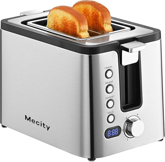 Mecity Toaster 2 Slice Stainless Steel with Countdown Timer, Bagel / Defrost / Reheat / Cancel Functions,Warming Rack, Removable Crumb Tray, 6 Browning Settings, Extra Wide Long Slots, Bread Toaster, 800 Watts