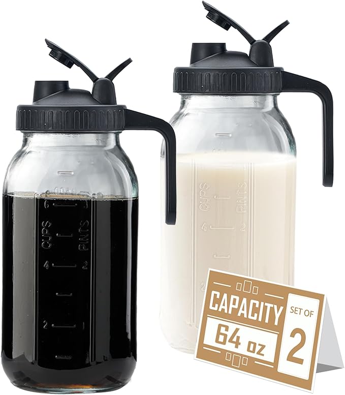 64oz Glass Pitcher with Lid - 2 Quart Mason Jar Pitcher with Spout, Leak-proof Milk Container for Refrigerator, Easy to Clean Wide Mouth Water Jug, Juice, Tea, Iced Coffee, Beverage and Drinks