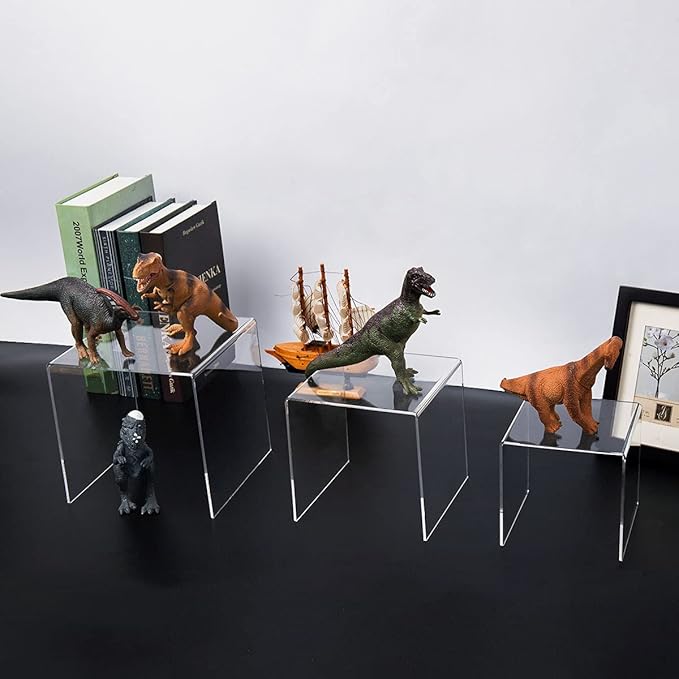 HIIMIEI Clear Acrylic Display Risers 2 Sets, 3-Tier Risers Stands Showcase for Amiibo Funko Pop Figures, Dessert, Jewelry-5"x6"x7"