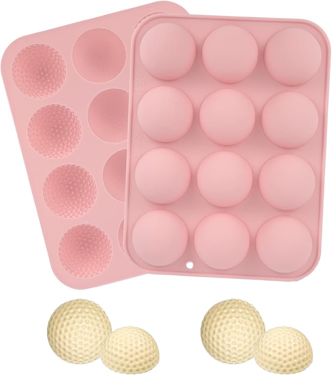 Silicone Golf Ball Chocolate Mold, 12 Cavity Golf Ball Cake Pop Mold for Cake Decorations Hot Chocolate Bombs Candy Fondant and More (Pink)