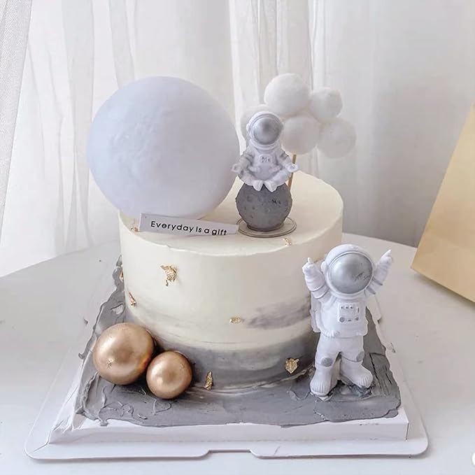 Cake Topper for Kids Astronaut Space Birthday Cake Decoration, 3D Soft Light Moon Outer Space Cake Topper for Party Supply, LED Moon Planet Birthday Cake Decoration