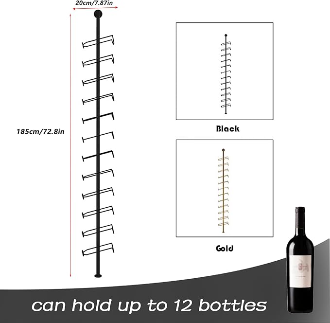 Wine Rack Wall Mounted, 72.8in High Metal Wine Bottle Holder for 12 Bottles, Kitchen Organization and Wine Storage for Commercial Restaurants Pantry Bar Wine Cellar (Black, Two rows-24 Bottles)