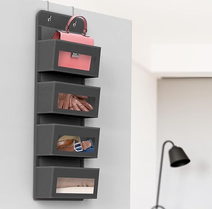 Simple Houseware 4 Clear Window Pocket Over Closet Door Storage Hanging Organizer for Bedroom, Bathroom, Pantry, Dark Grey