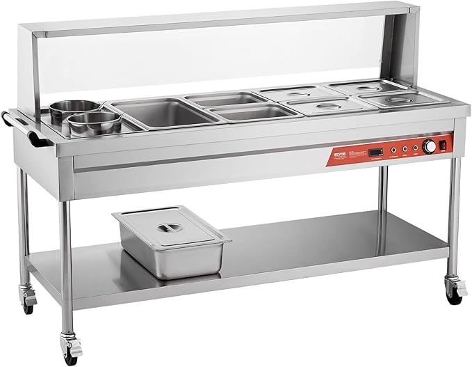 VEVOR Commercial Electric Food Warmer, 7 Pans + 2 Pots Steam Table, 1800W Professional Buffet Catering Food Warmer with Shield Undershelf Wheels, Stainless Steel Server for Party Restaurant