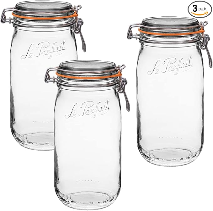 Le Parfait Super Jar - 1.5L French Glass Canning Jars w/Round Body, Wide Mouth, Airtight Lid - Clear Glass (48oz/Quart & Half, 3pk)