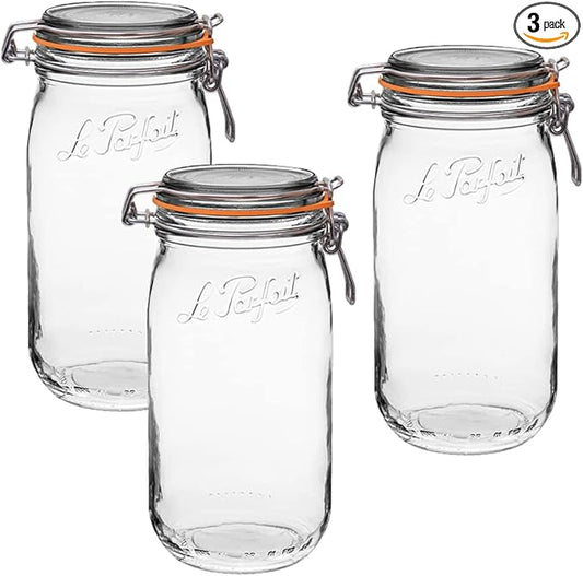 Le Parfait Super Jar - 1.5L French Glass Canning Jars w/Round Body, Wide Mouth, Airtight Lid - Clear Glass (48oz/Quart & Half, 3pk)