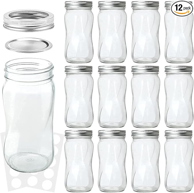 KAMOTA Mason Jars 16 OZ With Regular Lids and Bands, Ideal for Meal Prep, Jam, Honey, Wedding Favors, Shower Favors, DIY Spice Jars, 12 PACK, 20 Whiteboard Labels Included
