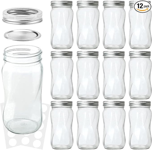 KAMOTA Mason Jars 16 OZ With Regular Lids and Bands, Ideal for Meal Prep, Jam, Honey, Wedding Favors, Shower Favors, DIY Spice Jars, 12 PACK, 20 Whiteboard Labels Included