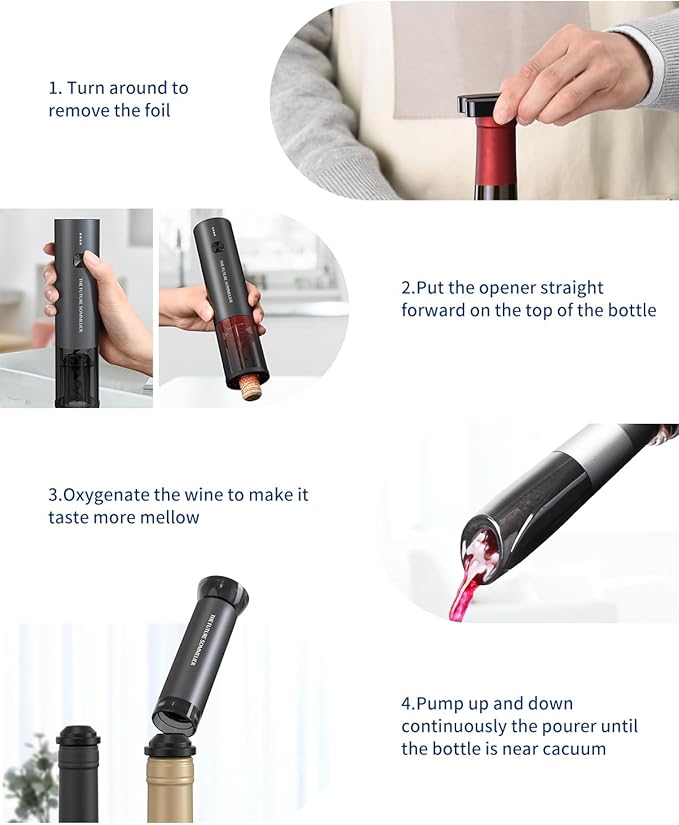 CIRCLE JOY Rechargeable Electric Wine Opener Set 7-in-1 Aluminum Alloy Wine Gift Set with Electric Corkscrew, Foil Cutter, Wine Pourer, Charging Base, Vacuum Pump and 2 Wine Stoppers